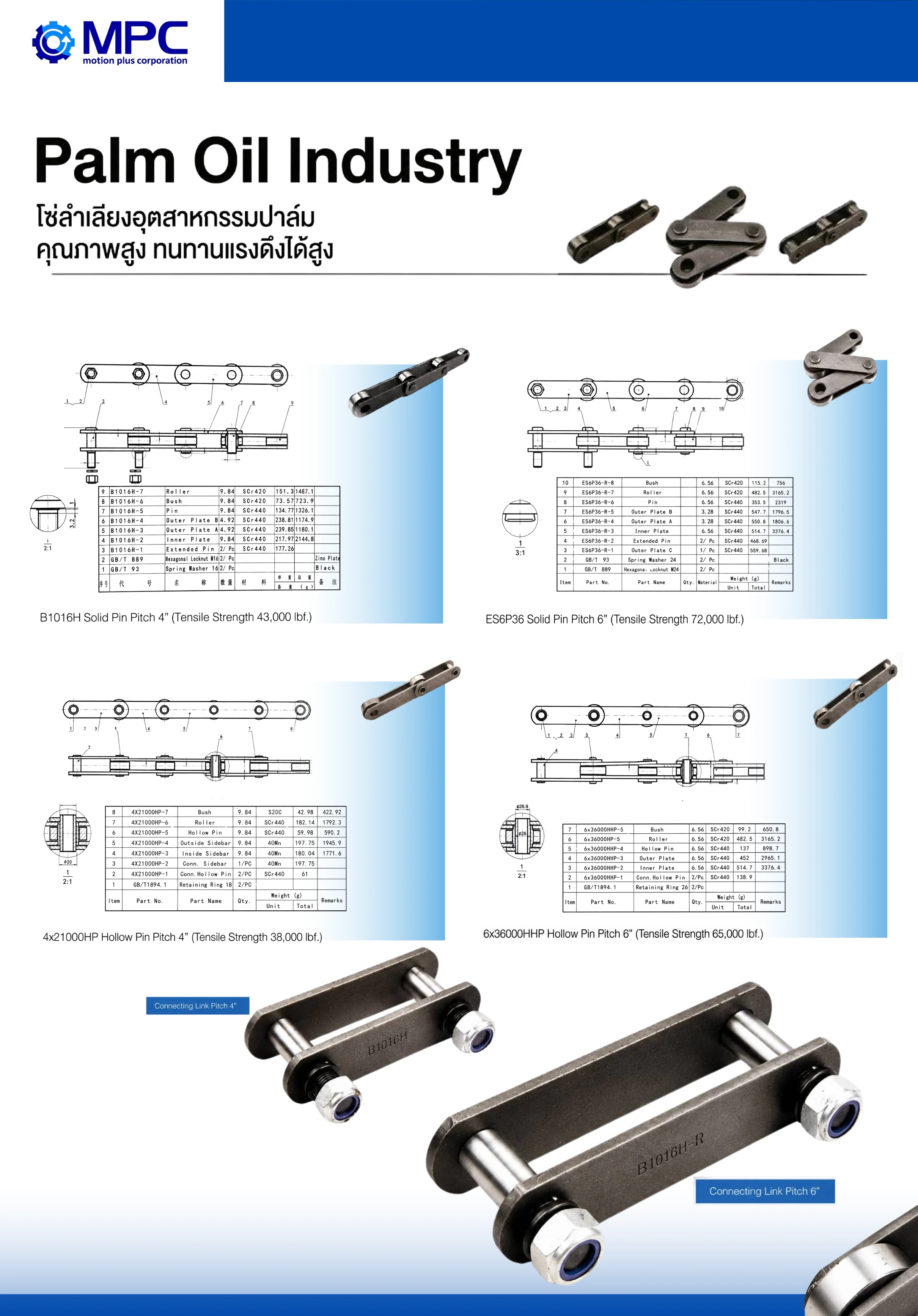 MPC Palm Oil Industry chain catalog page &mdash; solid pin chains, hollow pin chains, connecting links, FFB conveyor specifications